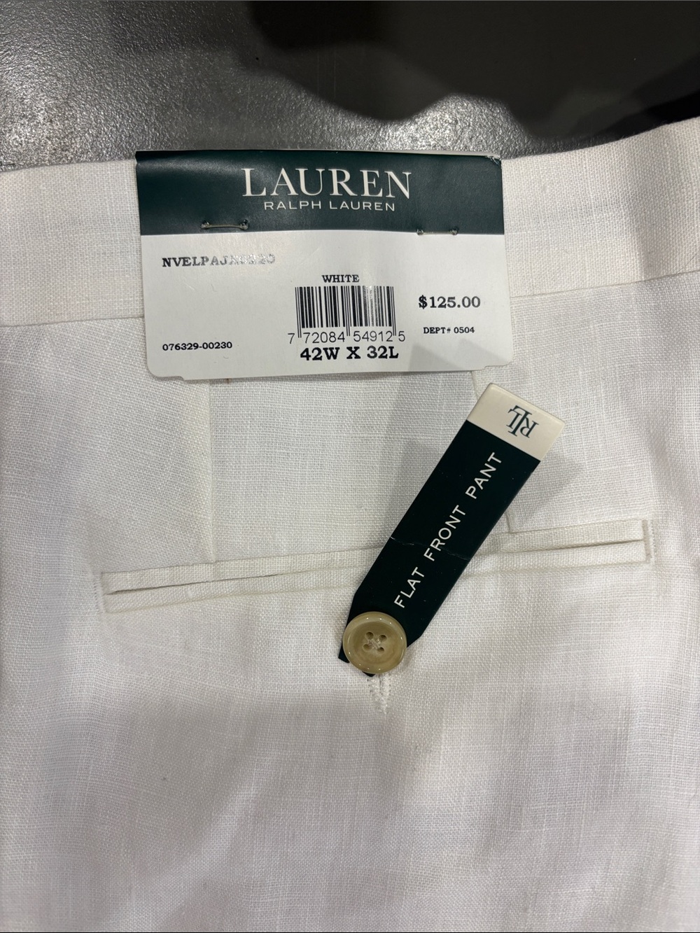 Lauren Ralph Lauren White Flat-Front Men's Pants with Button Detail